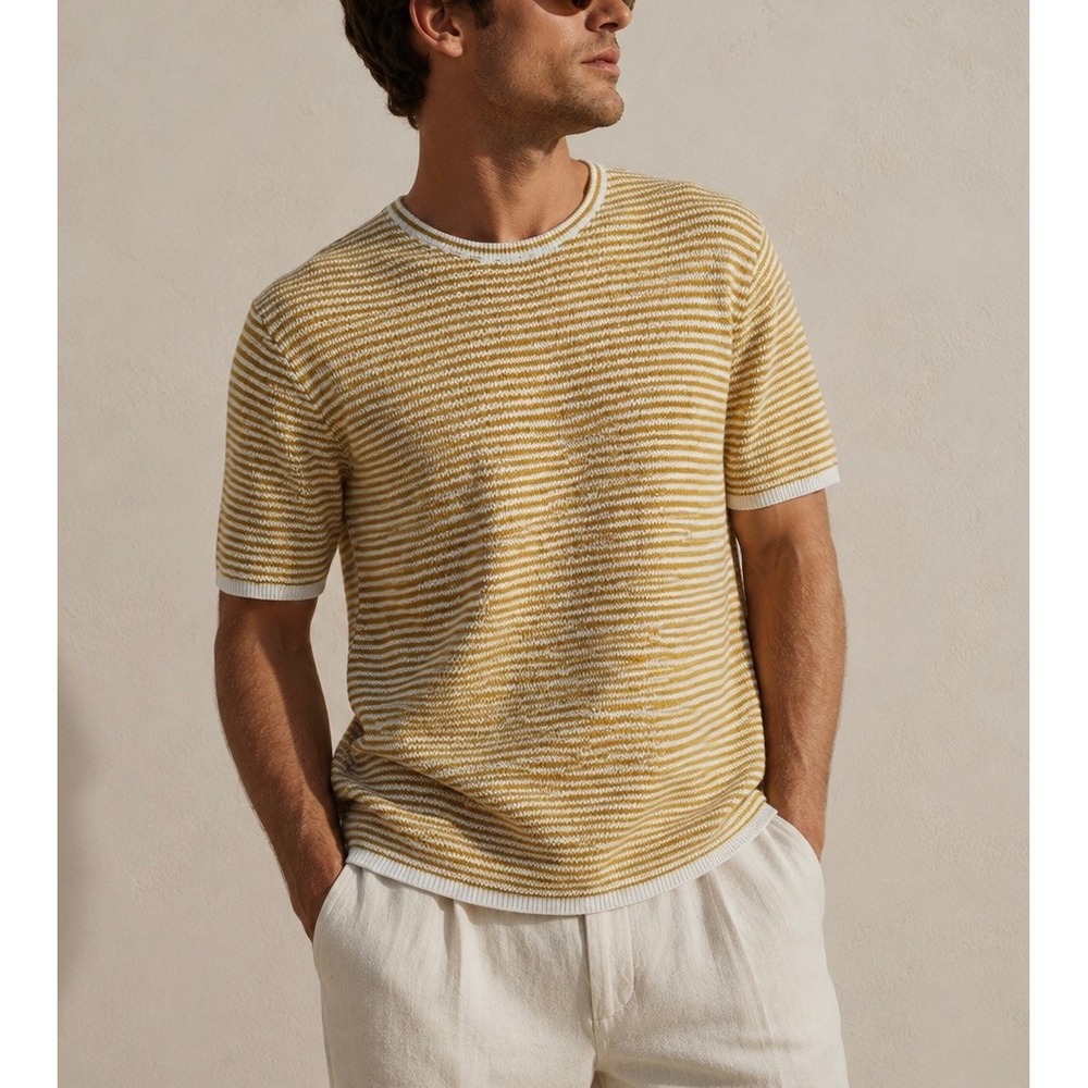SATURDAYS NYC Short Sleeve Mustard Yellow Striped Cotton Knit Sweater Tee
